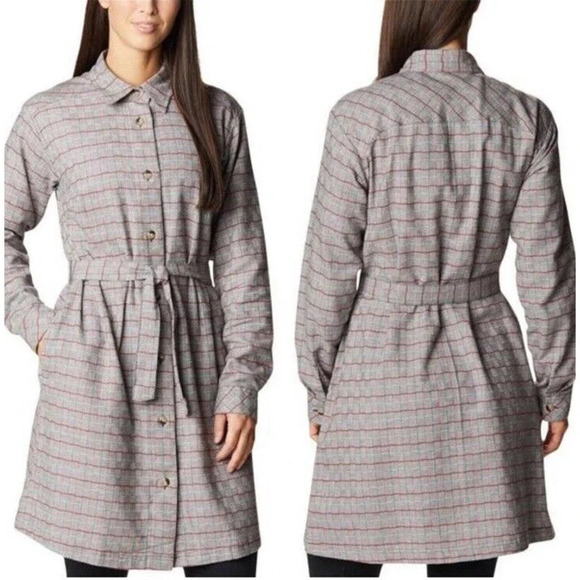 Columbia Holly Hideaway Flannel Dress Plaid Button Up Belted Gray Red Size 2X - Picture 1 of 9